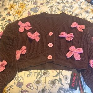 ROMWE Brown Cropped Cardigan with Pink Bow Details